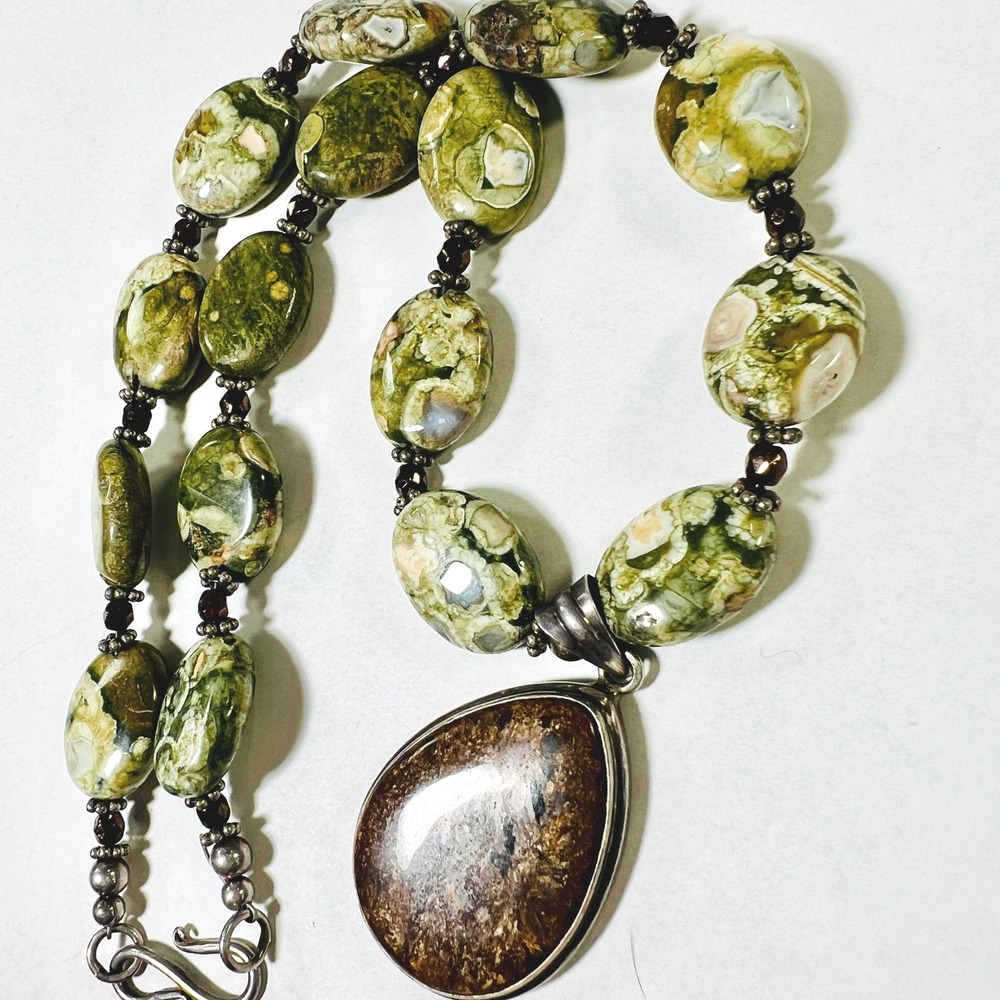 Vintage Sterling Silver Beaded Necklace Rainforest Rhyolite‎ Bronzite 18"